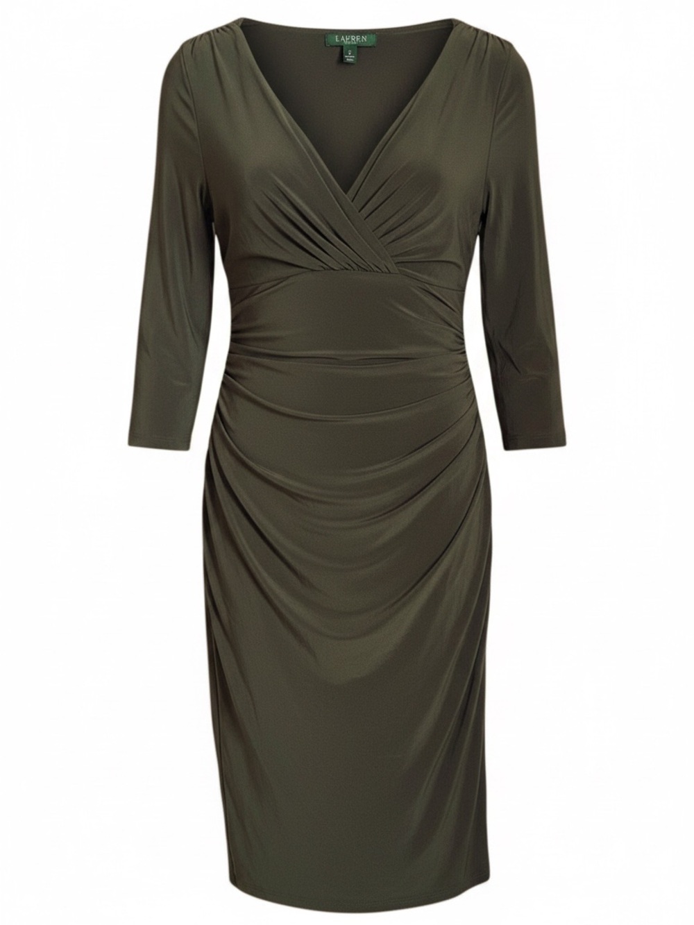 Lauren Ralph Lauren Women's Olive Green Dress Ruched Jersey Midi Dress Size 4